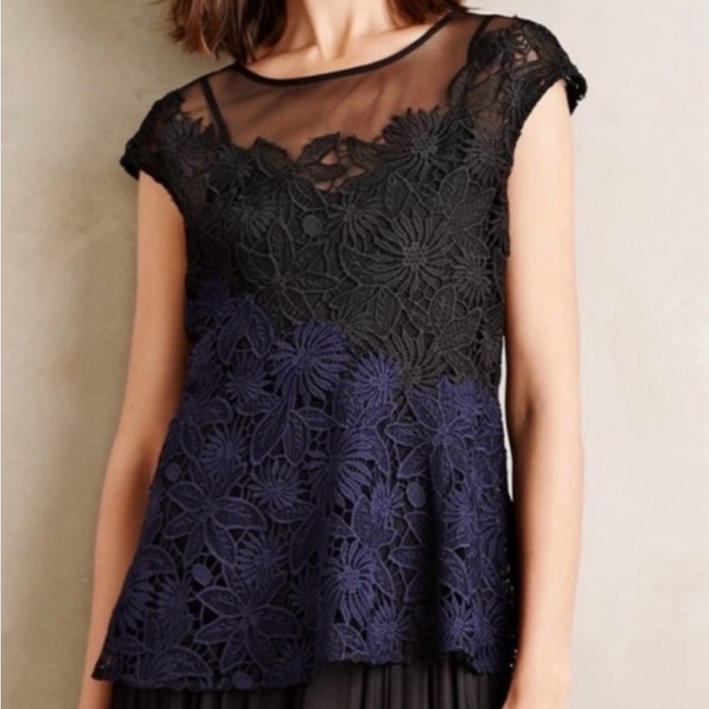 Anthropologie Deletta Garden Guise Lace Blue Black Top size L, pre-worn VG cond